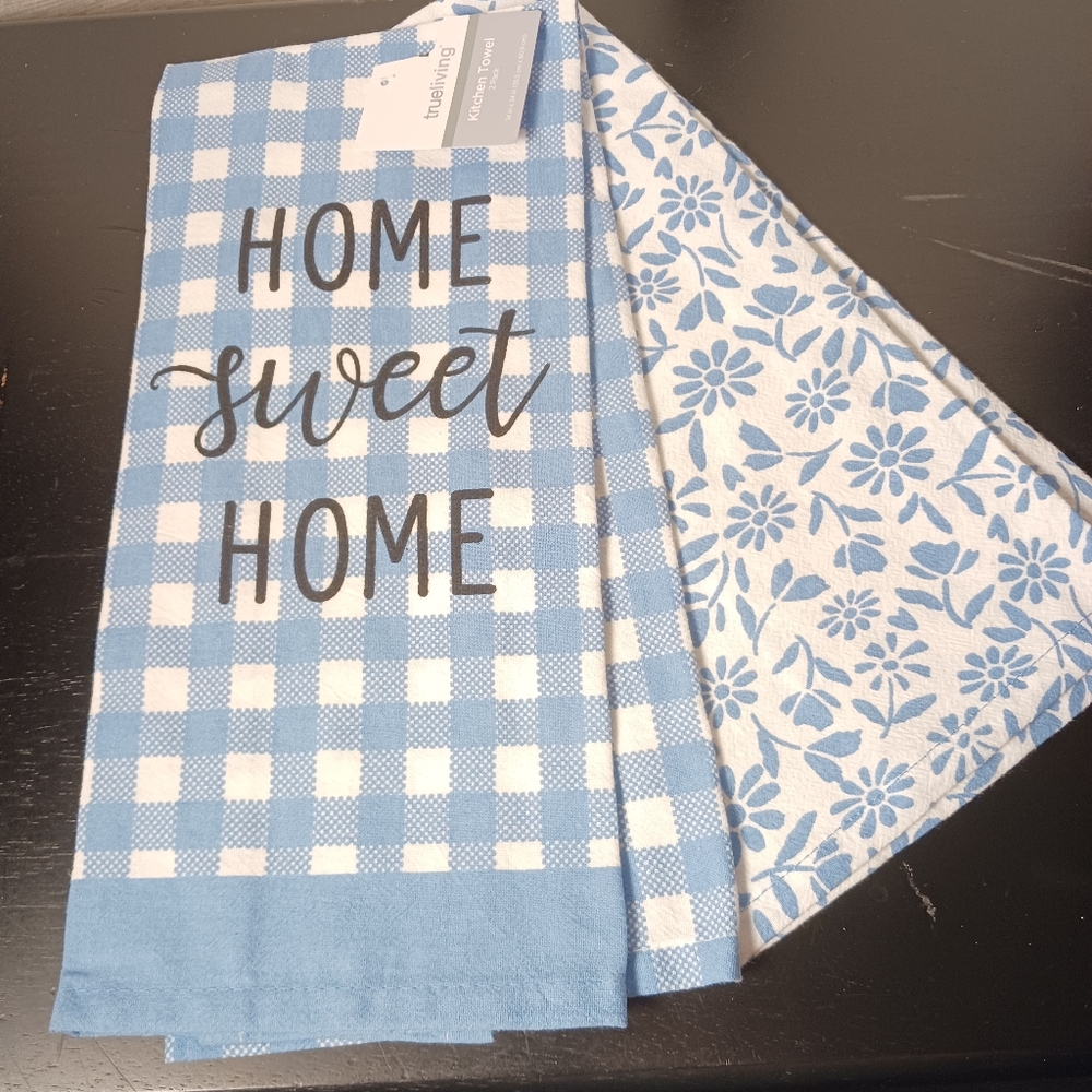 New 2 Piece Set Kitchen Flour Sack Hand Dish Tea Towels Home Sweet Home Blue